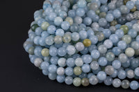 NATURAL Light Colored Aquamarine round beads in full strands. 6mm, 8mm, 10mm, 12mm, 14mm - Full Strand 15.5 inch Strand - Grade A Smooth