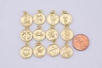 2pc Dainty 18K Gold Zodiac Horoscope Sign Medallion Pendant Sparkle Astro Coin with Zodiac Symbol on back- 14mm P13F19--P13F30