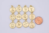 2pc Dainty 18K Gold Zodiac Horoscope Sign Medallion Pendant Sparkle Astro Coin with Zodiac Symbol on back- 14mm P13F19--P13F30