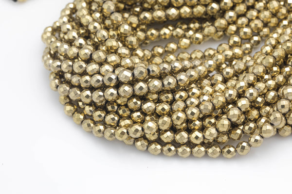 Titanium Pyrite- PYRITE-COLOR Light Gold Hematite Faceted Round 2mm, 3mm, 4mm, 6mm, 8mm-Full Strand 15.5 inch Strand