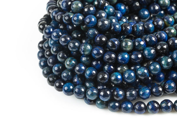 Natural Dark Blue Tiger's Eye Faceted Round, Full Strand, 6mm, 8mm, 10mm, or 12mm Beads-Full Strand 15.5 inch Strand Gemstone Beads