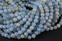 NATURAL Light Colored Aquamarine round beads in full strands. 6mm, 8mm, 10mm, 12mm, 14mm - Full Strand 15.5 inch Strand - Grade A Smooth