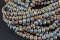 Natural Carolina Blue AFRICAN Sea Sediment Jasper smooth round sizes, 4mm, 6mm, 8mm, 10mm, 12mm- Full 15.5 Inch Strand- Wholesale Price