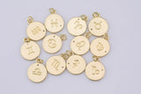 2pc Dainty 18K Gold Zodiac Horoscope Sign Medallion Pendant Sparkle Astro Coin with Zodiac Symbol on back- 14mm P13F19--P13F30