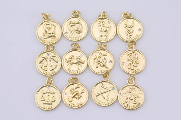 2pc Dainty 18K Gold Zodiac Horoscope Sign Medallion Pendant Sparkle Astro Coin with Zodiac Symbol on back- 14mm P13F19--P13F30