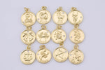 2pc Dainty 18K Gold Zodiac Horoscope Sign Medallion Pendant Sparkle Astro Coin with Zodiac Symbol on back- 14mm P13F19--P13F30