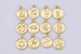 2pc Dainty 18K Gold Zodiac Horoscope Sign Medallion Pendant Sparkle Astro Coin with Zodiac Symbol on back- 14mm P13F19--P13F30