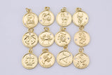 2pc Dainty 18K Gold Zodiac Horoscope Sign Medallion Pendant Sparkle Astro Coin with Zodiac Symbol on back- 14mm P13F19--P13F30