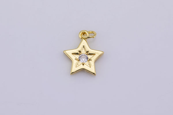 2 pc 18k Gold Micro Pave Star Pendant , Star Charms, Lock Necklace Earring Charms, CZ Pave- 14mm