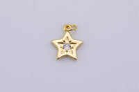 2 pc 18k Gold Micro Pave Star Pendant , Star Charms, Lock Necklace Earring Charms, CZ Pave- 14mm