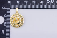 2 pcs 14k gold Crescent Coin Moon Pendant, Celestial Jewelry Cubic zirconia Star Medallion - 16mm