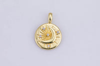 2 pcs 14k gold Crescent Coin Moon Pendant, Celestial Jewelry Cubic zirconia Star Medallion - 16mm