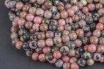 Natural Rhodonite, High Quality in Faceted Round, 4mm, 6mm, 8mm, 10mm, 12mm- 15.5 inch strand- Wholesale Pricing