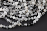 Natural Faceted Black Tourmalinated Quartz Beads Grade AAA - Black Rutiled Quartz Beads - Faceted Round 6mm 8mm 10mm 12mm- Full 15.5"