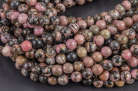 Natural Rhodonite Beads Grade AAA Round 4mm, 8mm, 10mm, 12mm -Full Strand 15.5 inch Strand- Smooth Gemstone Beads
