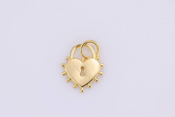 18k Gold Pad Lock Lock Heart Pendant , Heart Charms, Lock Necklace Earring Charms, - 12mm