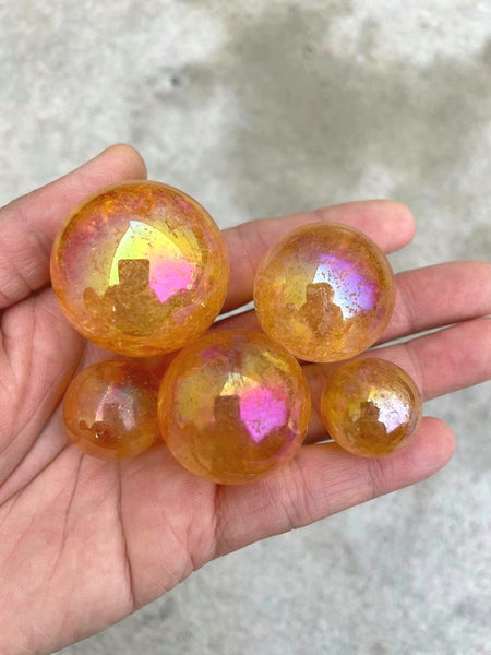 1 Pc Aura Mystic Orange Crystal Quartz Stone Sphere- Assorted Sizes