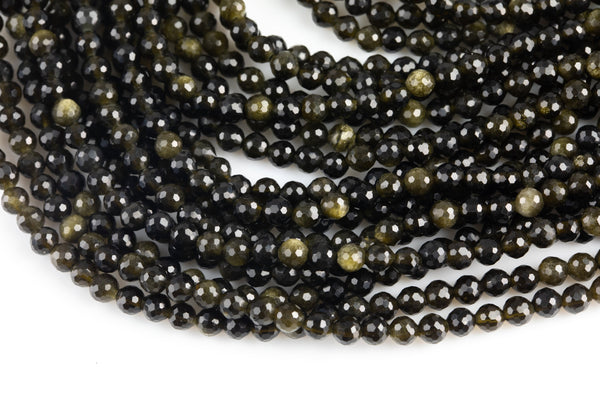 4mm Golden Obsidian Full Strands-15.5 inches-4mm- Nice Size Hole- Diamond Cutting, High Facets- Nice and Sparkly- Faceted Round