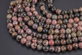 Natural Rhodonite Beads Grade AAA Round 4mm, 8mm, 10mm, 12mm -Full Strand 15.5 inch Strand- Smooth Gemstone Beads