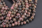 Natural Rhodonite Beads Grade AAA Round 4mm, 8mm, 10mm, 12mm -Full Strand 15.5 inch Strand- Smooth Gemstone Beads