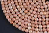 Pink Sunstone Moonstone Beads Smooth round - A Quality - 4mm, 8mm, 10mm, 12mm - Full 15.5 Inch Strand Gemstone Beads