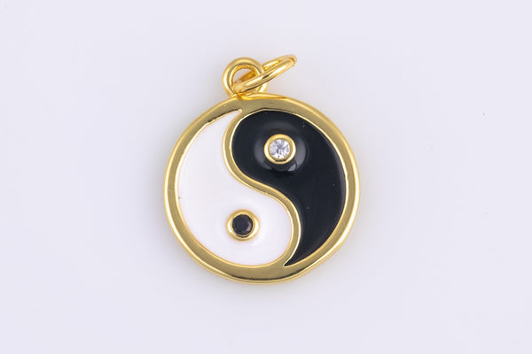 2pc 18k Gold Enamel Yin Yang Charm Diamond CZ Drop Charm Cubic Protector Pendant Tiny Lucky Dainty Necklace - 15mm- 2 pc Per order