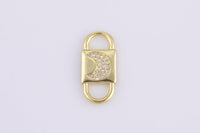 2 pc 18 kt Gold Double Lock Style - Moon CZ- Connector Charm - 9x20mm