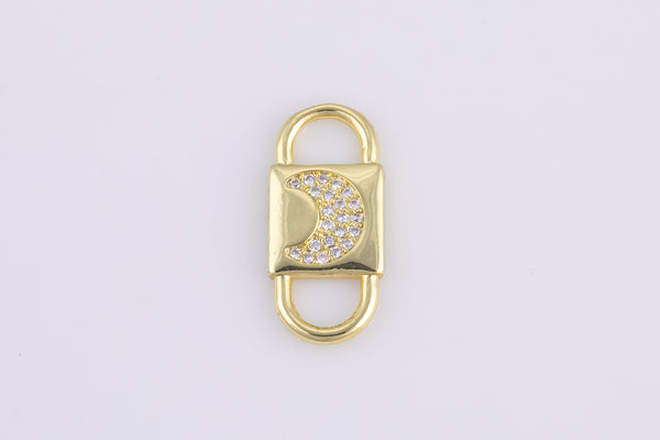 2 pc 18 kt Gold Double Lock Style - Moon CZ- Connector Charm - 9x20mm