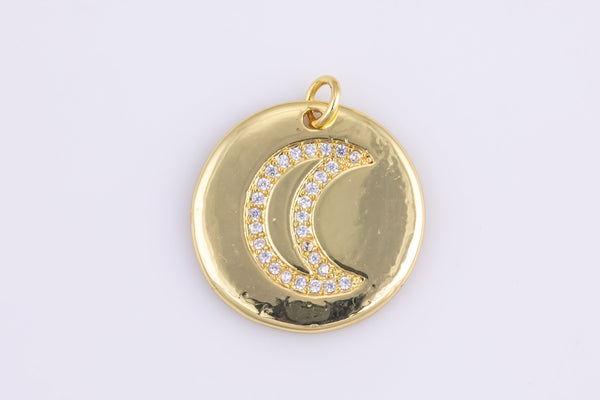 2 pcs 14k gold Moon Pendant, Jewelry Cubic zirconia Star Medallion - 22mm