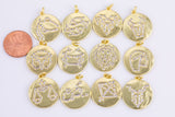 1pc 18K Gold Zodiac Horoscope Sign Medallion Pendant Sparkle Astro Coin on back- 20mm P13F95--P13F106