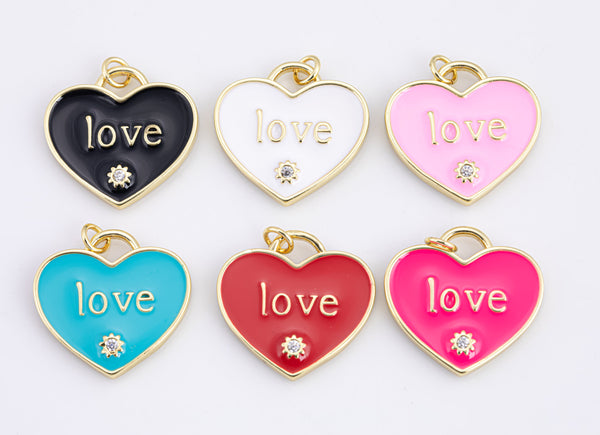 Heart Charms Enamel Heart Pendant with CZ for Necklace Earring Charm Component in 14k Gold Red White Black Blue Hot Pink Love 23x21mm