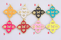 Enamel Cross Charm Pendant with Cute Designs 14k Gold CZ Pave Cubic Zirconia Lip Butterfly Rose Heart Flower Daisy 26x33mm