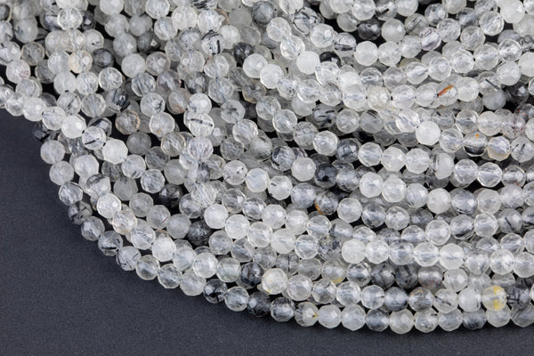 Natural Tourmalinated Quartz Beads Full Strands-15.5 inches-4mm-Nice Size Hole-Diamond Cutting,High Facets-Nice and Sparkly-Faceted Rondelle