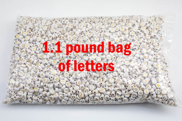 BIG BAG Mix 7mm Gold Lettering White Alphabet Beads, Name beads, Letter A-Z Round Beads 7mm 1.1 POUND 500 grams about 3300 pcs