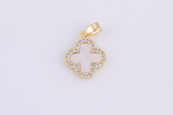 1pc 18K Gold Mini Mother of pearl Clover Flower CZ Tag Bracelet Charm Gift for Jewelry Making-12mm