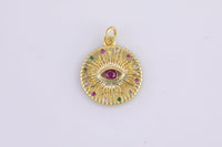 2pcs Evil Eye Gold Lucky Coin Talisman Charm Necklace, 14k Gold Disc Round Pendant Lucky Medallion Pendant for Necklace- 16mm