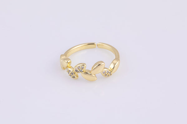1 pc Gold Leaf Vine CZ Ring, Adjustable Ring, Minimalist Cz Ring, Micro Pave Ring, Gold Open Ring, Dainty Jewelry