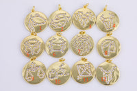 1pc 18K Gold Zodiac Horoscope Sign Medallion Pendant Sparkle Astro Coin on back- 20mm P13F95--P13F106