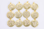 1pc 18K Gold Zodiac Horoscope Sign Medallion Pendant Sparkle Astro Coin on back- 20mm P13F95--P13F106