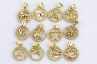 Micro Pave 18k Gold Horoscope Pendant Zodiac Charms, Horoscope charms, Zodiac Coin charms, Zodiac pendant For Jewelry Making- 14mm