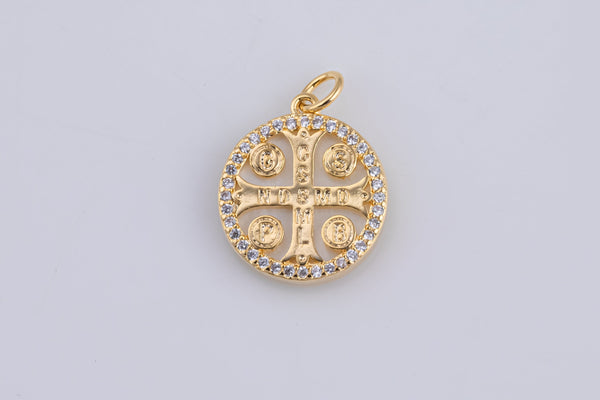 14k Gold Saint Benedict San Benito Cross Religious Catholic Coin Charm Charms Pendant 16mm