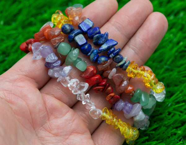 Natural Chakra Mixed Gemstone Stretchy String Bracelet - Lapis Yellow Quartz Green Jade Clear Quartz Carnelian Amethyst Red Coral Bracelet