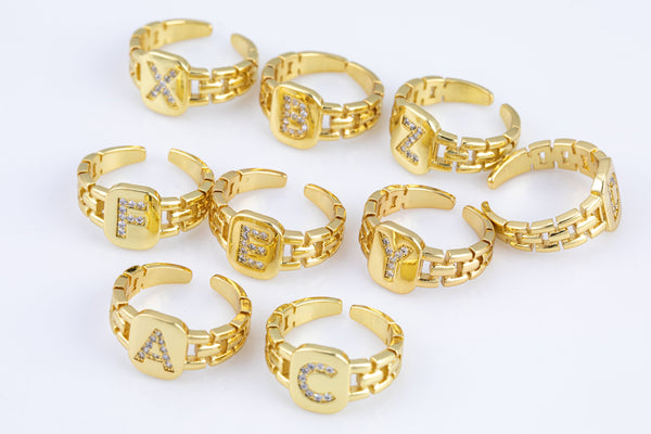 Cz Initial Gold Ring Alphabet Ring Gold Stacking Ring Adjustable Ring Letter Ring Vintage Gold Rings Initial Ring Thumb Ring Open Ring