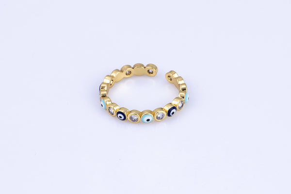 1 pc Gold Enamel Evil Eye Ring, Adjustable Ring, Minimalist Cz Ring, Micro Pave Ring, Gold Open Ring, Dainty Jewelry- Wholesale