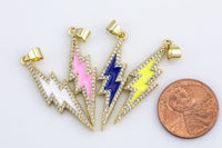 1 pc Dainty Lightning Enamel Pendant- 18k Gold CZ Lightning Charm, Micro Pave Charm- 9x33mm- 1 per order