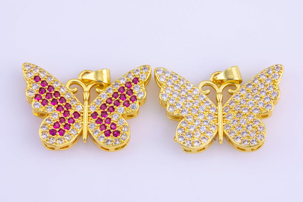 1 pc 18K Gold Butterfly Cubic Zirconia Bracelet Necklace Pendant Earring Charm Gift for Jewelry Making-18x27mm-1 pc per order
