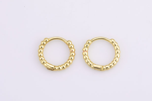 4 pcs 18kt Gold One Touch Lever Beaded Rounded Hoop Simple round hoop earring, 12mm Huggie , Earring Gift for Minimalist Huggies