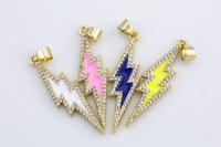 1 pc Dainty Lightning Enamel Pendant- 18k Gold CZ Lightning Charm, Micro Pave Charm- 9x33mm- 1 per order