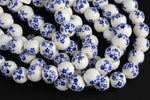 10mm and 12mm Ceramic Smooth Round-8 inches per strand- Porcelain White Flower