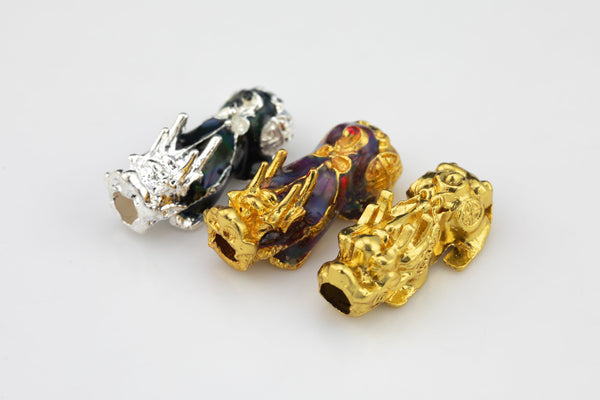 1 pc- Pixiu Beads- Gold or Silver-12x30mm - Chinese mystical animal with dragon head lion body